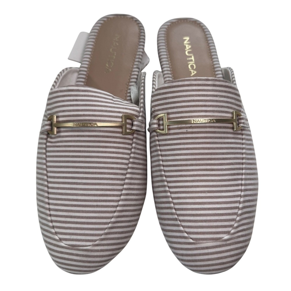 Nautica Labella Tan White Stripe Loafer Mules Gold Horsebit Shoes Womens 7.5 NEW